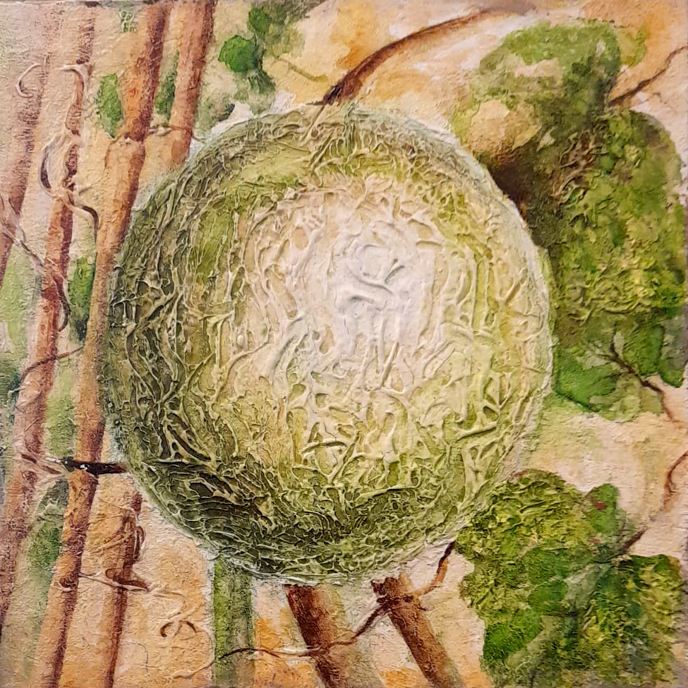 Dipinto-in-rilievo-Botanica-pianta-Melone-colore-Verde-Terra-Decorazione-Parete-interni-40x40cm