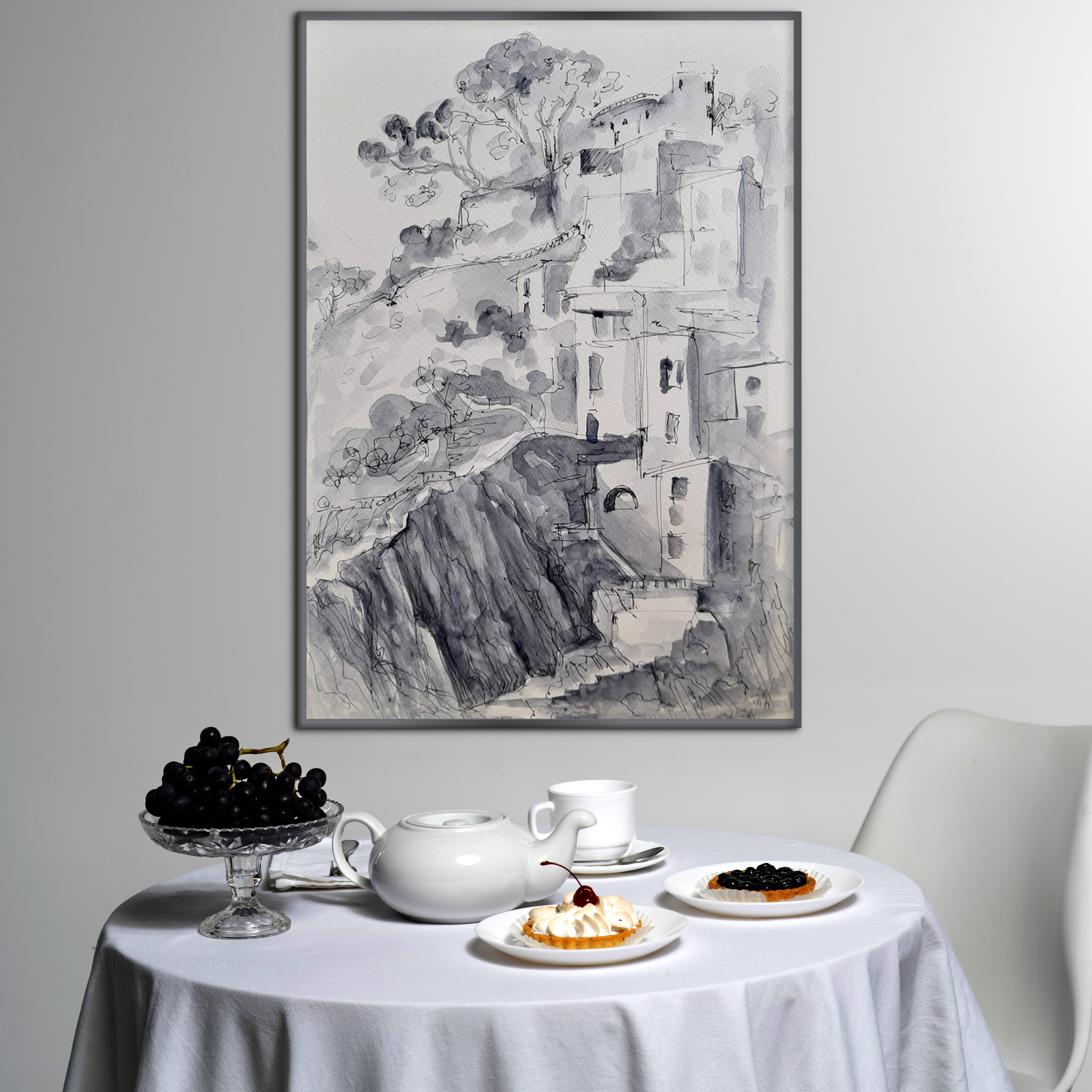 Paesaggio-montuoso-costiero-Dipinto-a-China-ed-Acquerello-Decorazione-Bianco-Nero-Parete-interni-70x100cm