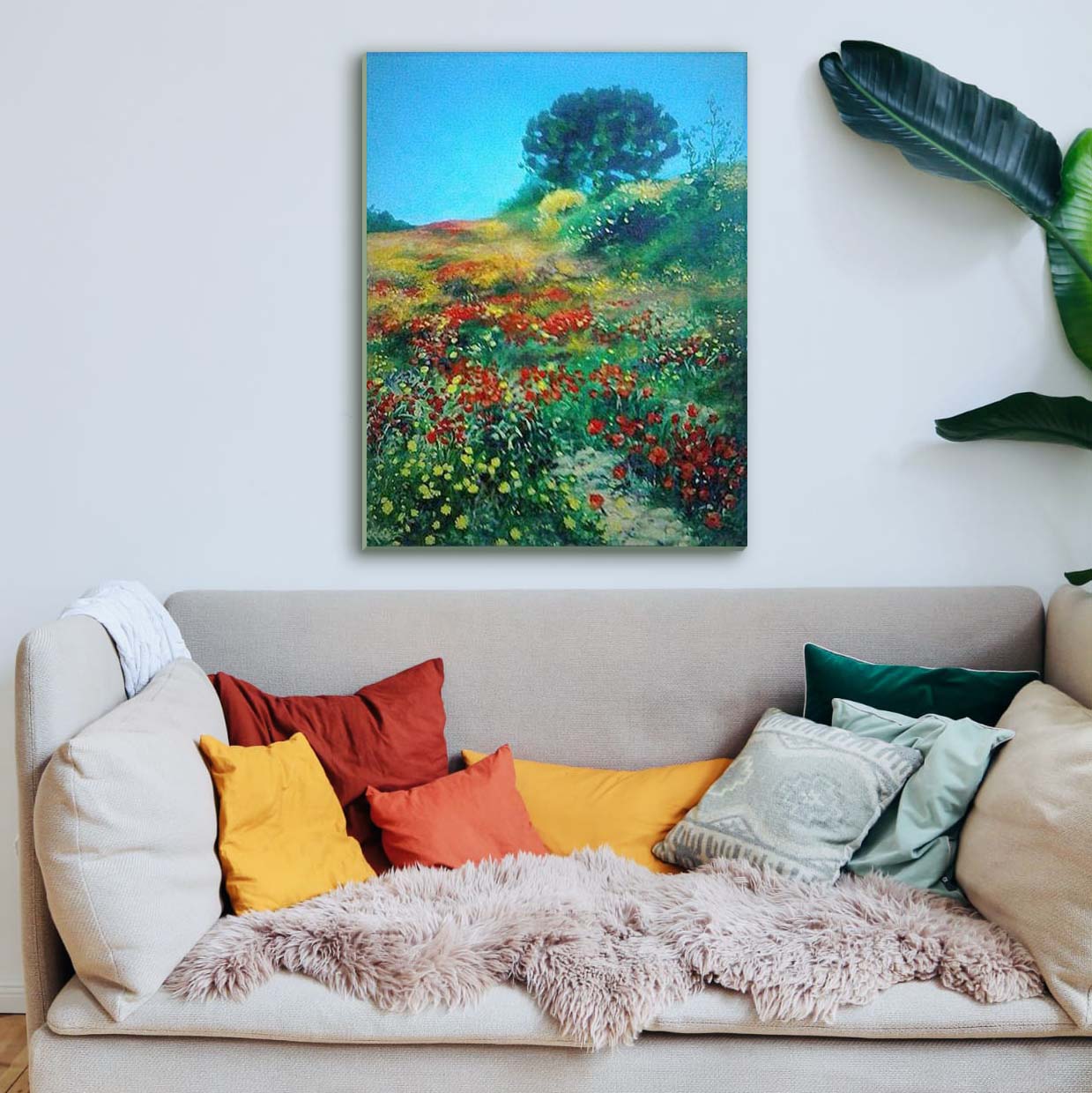 Dipinto-olio-su-tela-Campo-con-Fiori-Decorazione-Multicolore-Parete-Interni-80x110cm