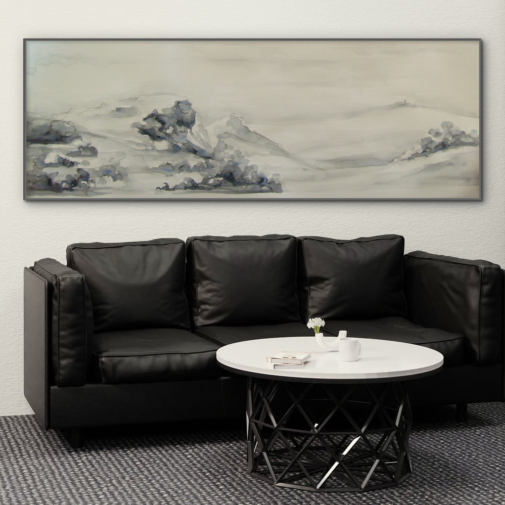 Quadro-raffinato-con-Dune-in-prospettiva-ad-acquerello-Decorazione-Bianco-Nero-Parete-interni-60x200cm