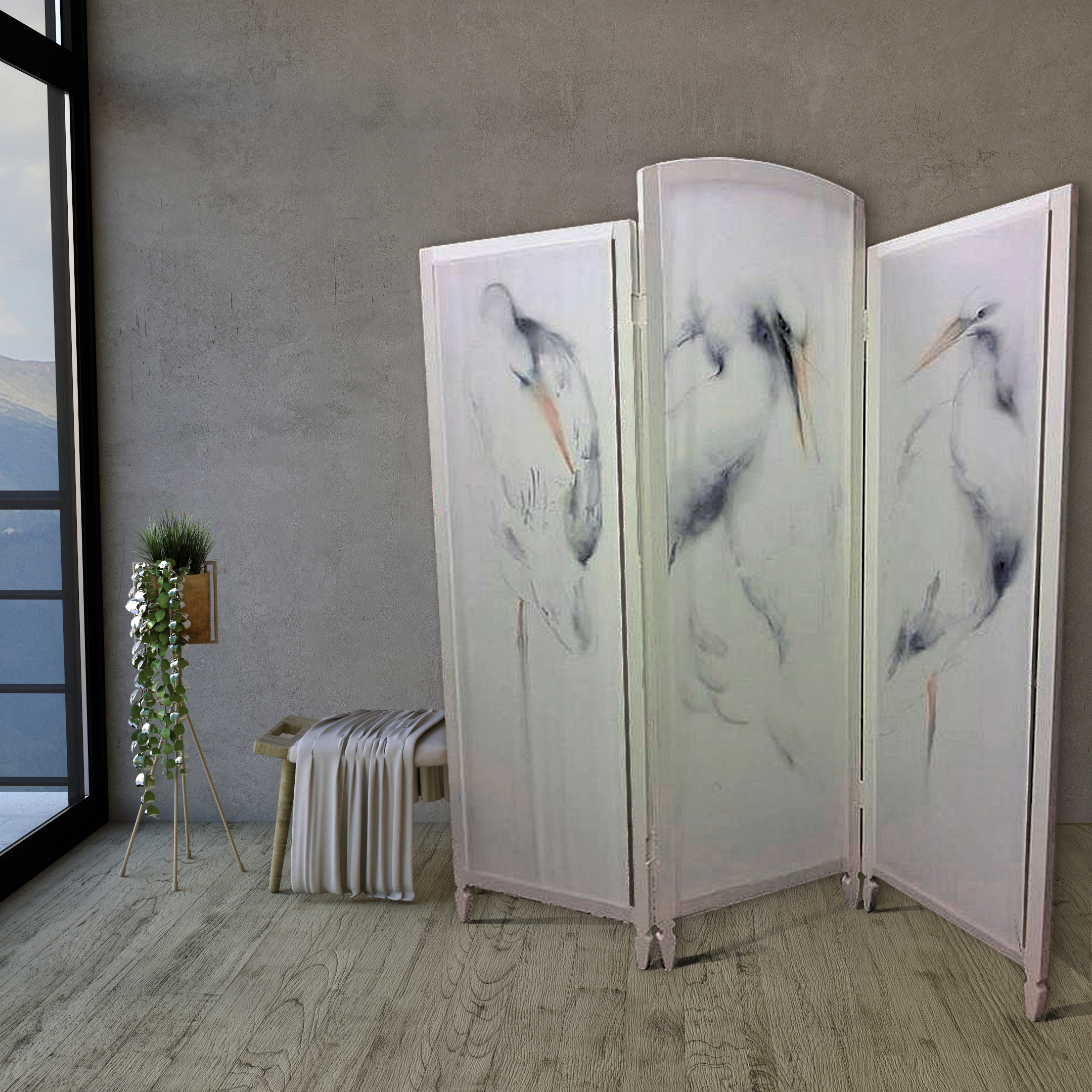 Paravento-in-Seta-con-Aironi-Dipinti-ad-acquerello-colore-Bianco-Grigio-Ambra-Divisorio-elegante-interni-210x200cm