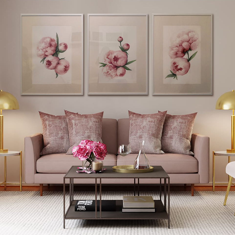 Composizione-di-tre-Dipinti-con-Peonie-Rosa-ad-Acquerello-Decorazione-Parete-interni-uno-62x82cm