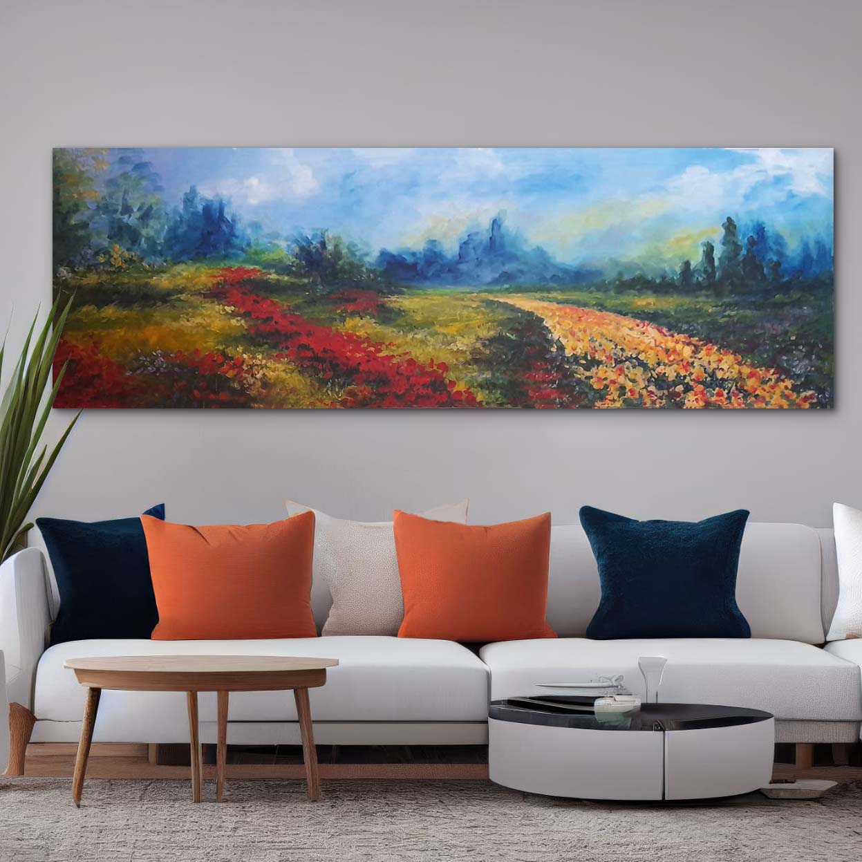 Quadro-Lungo-con-Campo-di-Fiori-olio-su-tela-Decorazione-Multicolore-Parete-interni-70x200cm