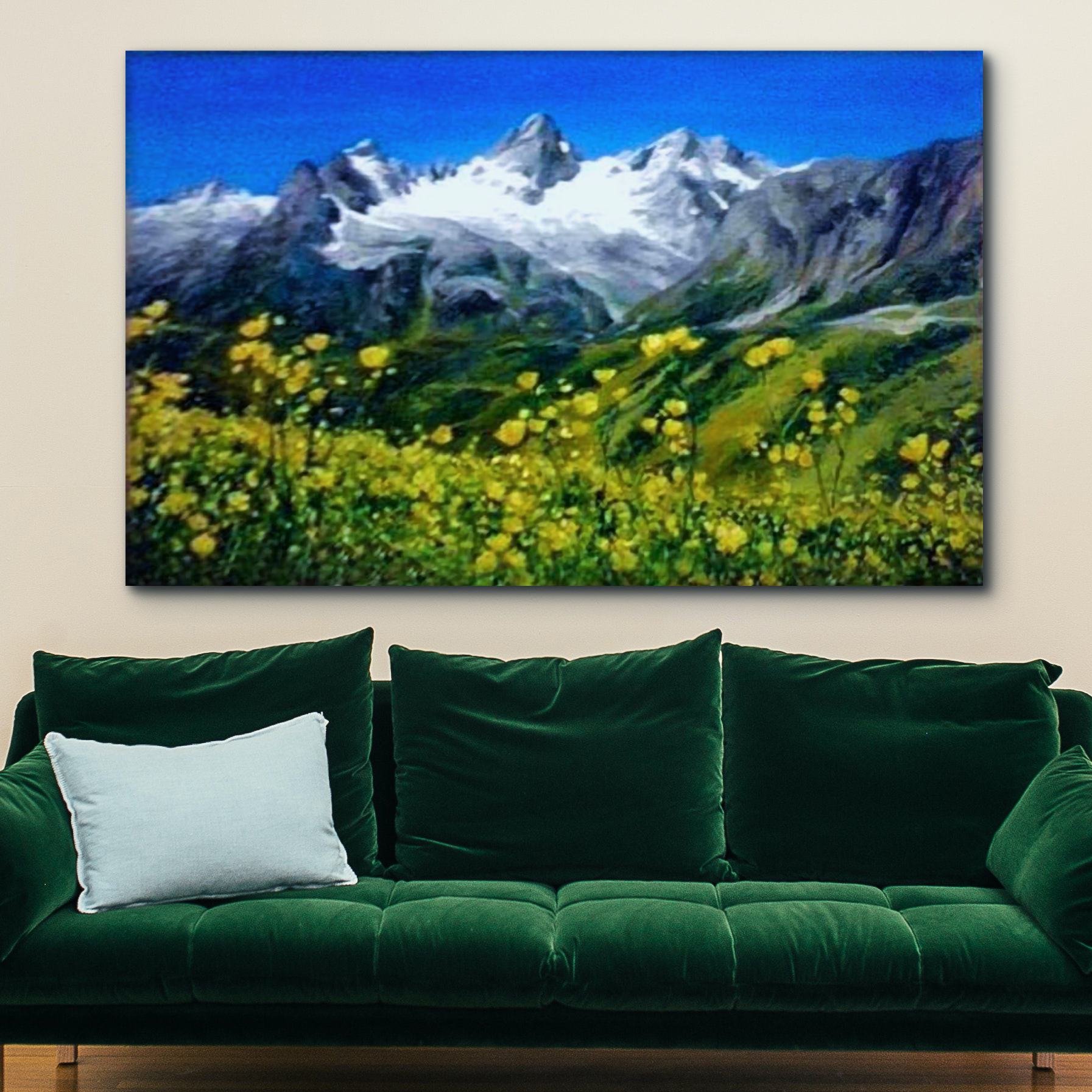 Quadro-vivace-Montagna-con-Fiori-Gialli-olio-su-tela-Decorazione-blu-Verde-Giallo-Parete-interni-150x200cm