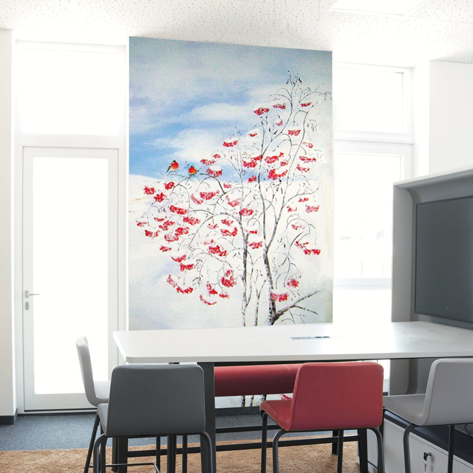 Trompe-l'oeil-Paesaggio-Innevato-con Pettirossi-su-Sorbo-Muro-Dipinto-acrilico-Bianco-Rosso-Azzurro-Decorazione-Parete-interni-250x150cm