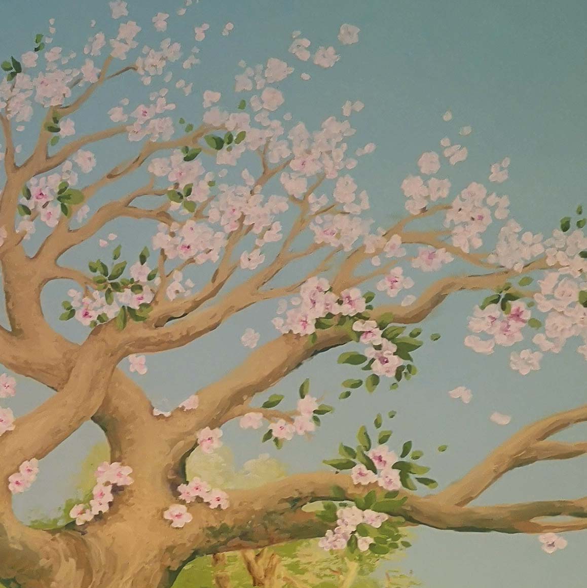 particolare-Trompe-l'oeil-Albero-di-Sakura-Muro-Dipinto-Rosa-Verde-Azzurro-Rovere-Decorazione-Parete-interni-Stanzetta-260x350cm