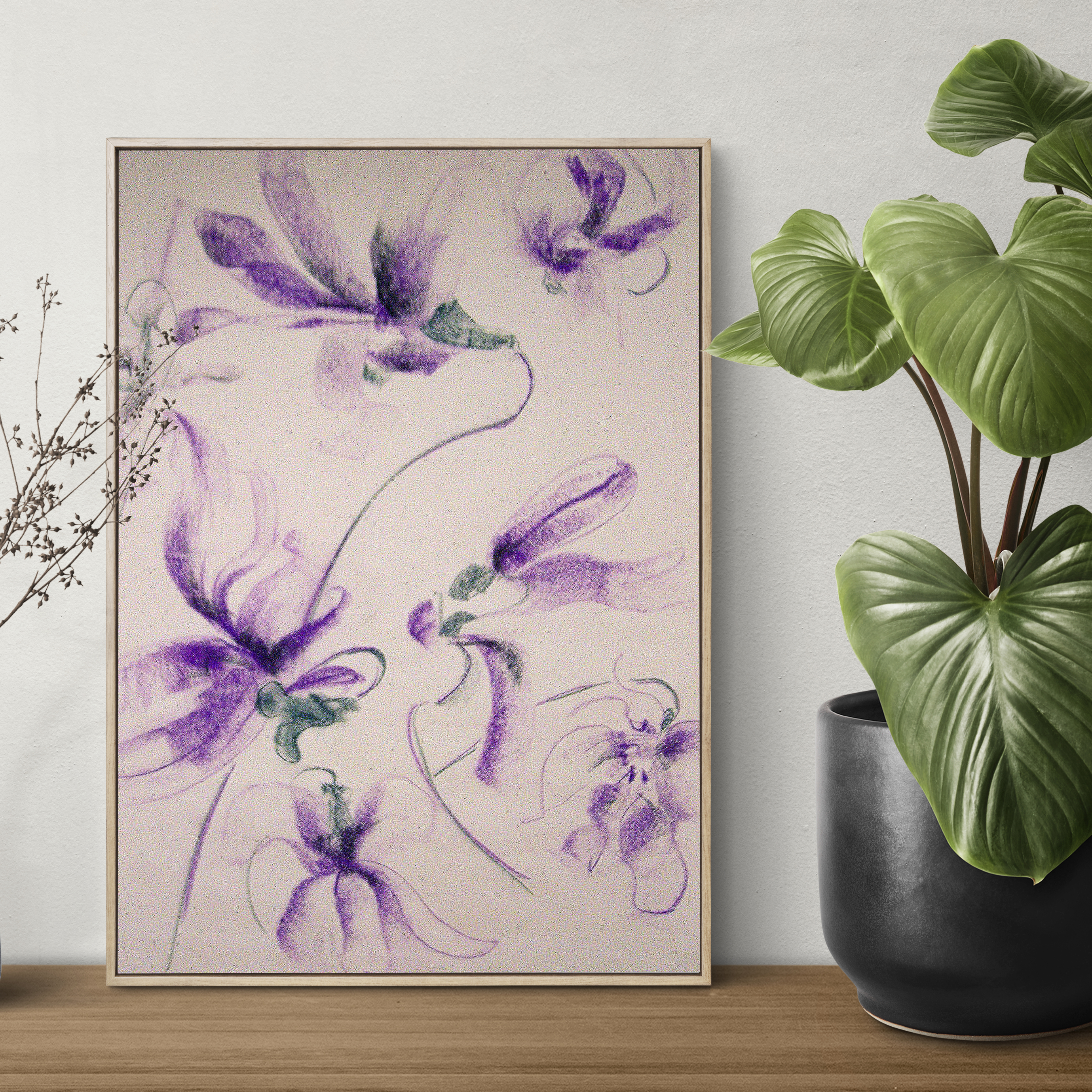 Disegno-Macro-Botanica-con-Violette-carboncino-Viola-Verde-Decorazione-Parete-interni-40x60cm