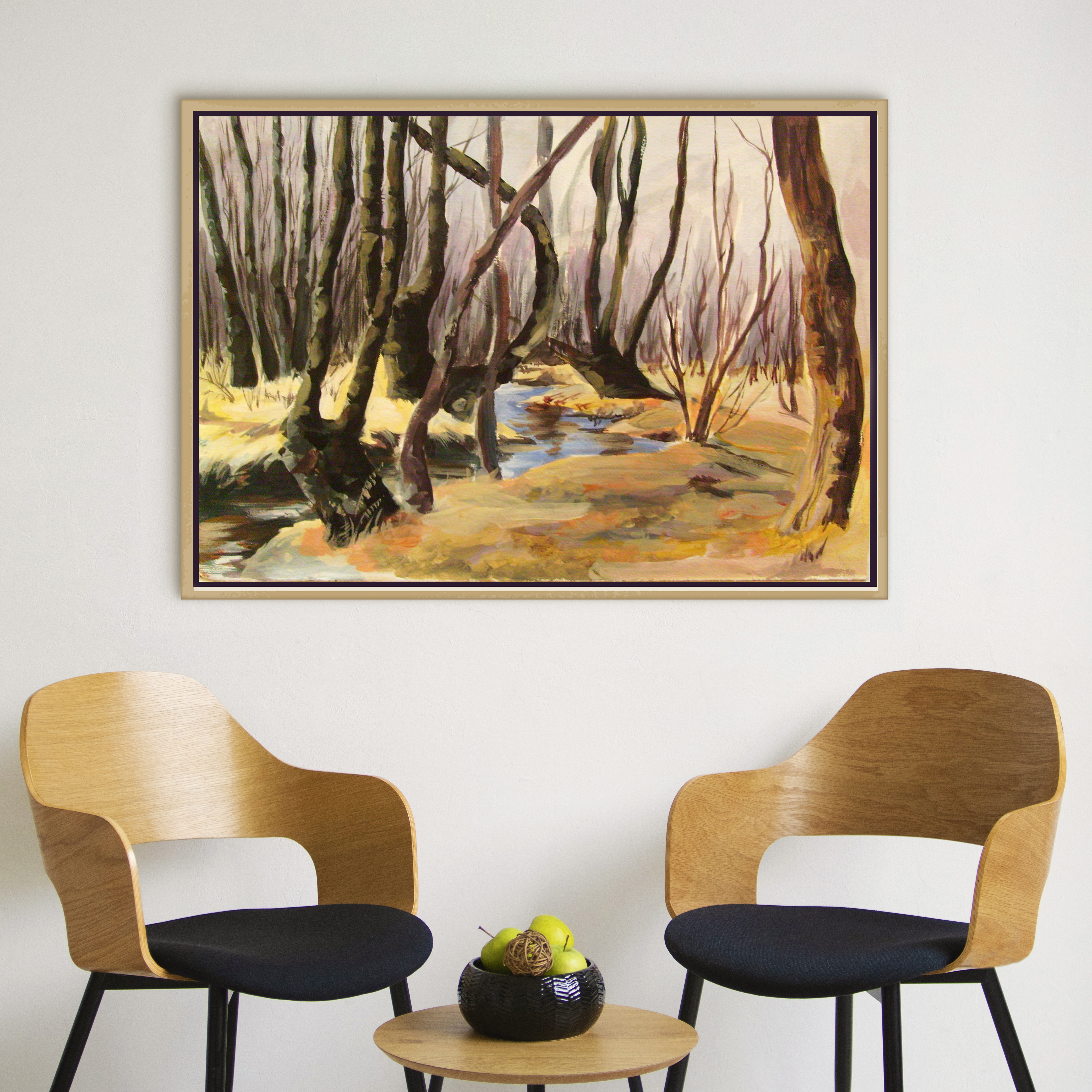 Quadro-Steppa-con-alberi-Decorazione-Ocra-Terra-Rovere-Parete-interni