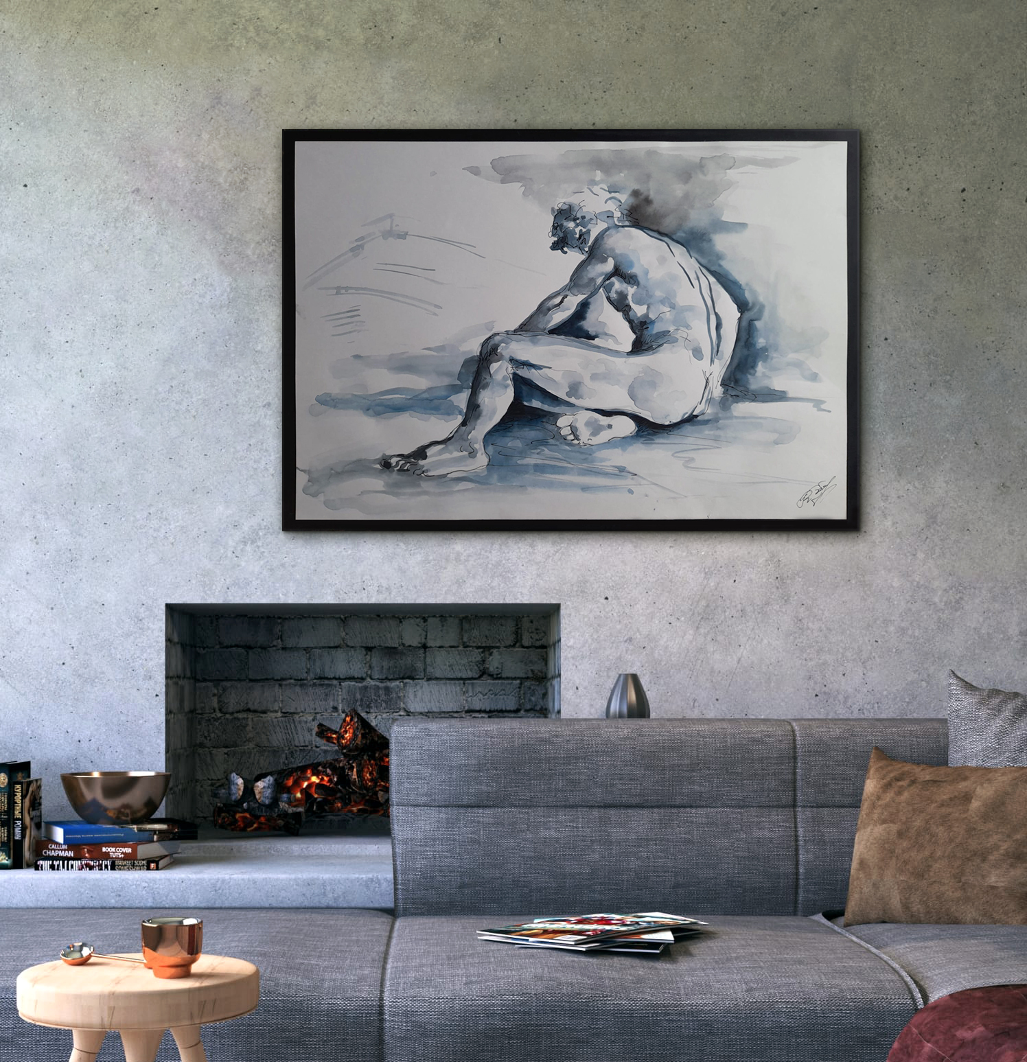 Nudo-Figura-Maschile-Dipinto-ad-Acquerello-Grigio-Payne-Decorazione-Parete-interni-80x110cm