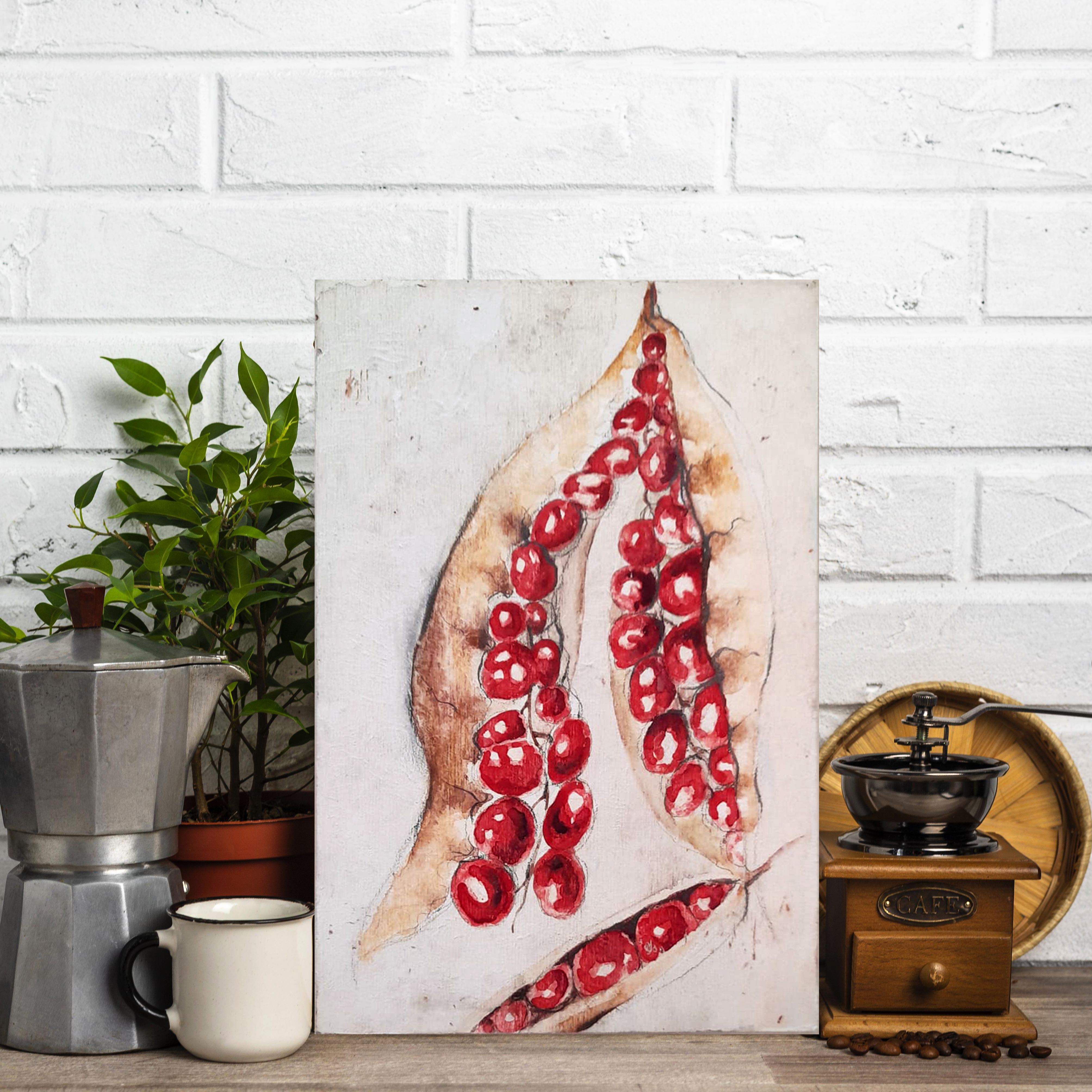 Dipinto-in-rilievo-Botanica-pianta-Chicci-Caffè-colore-Rosso-Terra-Avorio-Decorazione-Parete-interni-20x30cm