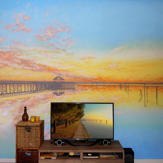 Trompe-l'oeil-Alba-Tramonto-su-Acqua-Dipinto-acrilico-Decorazione-Multicolore-Parete-interni-260x300cm