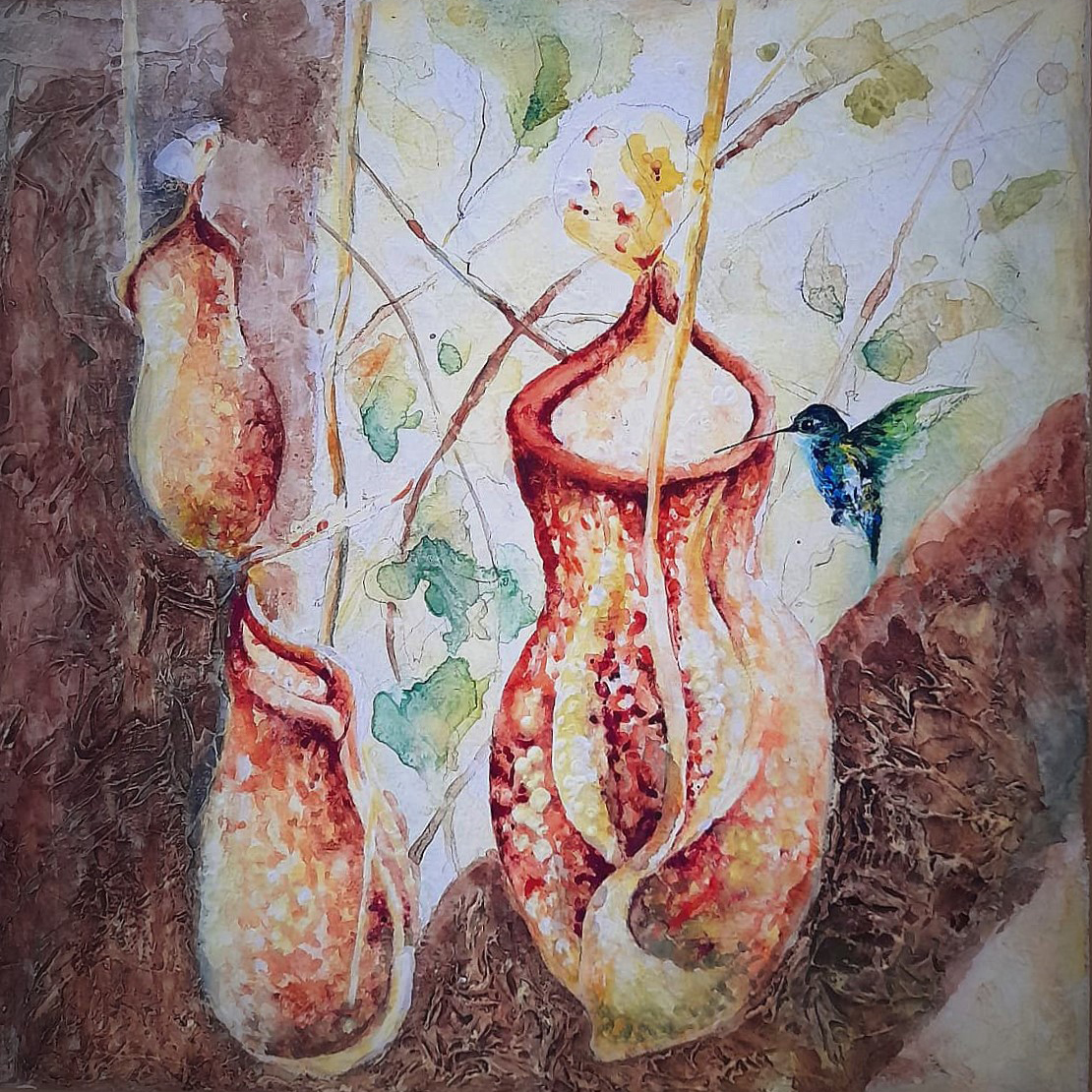 Dipinto-Materico-in-rilievo-Pianta-carnivora-con-Colibrì-Decorazione-Multicolore-40x40cm