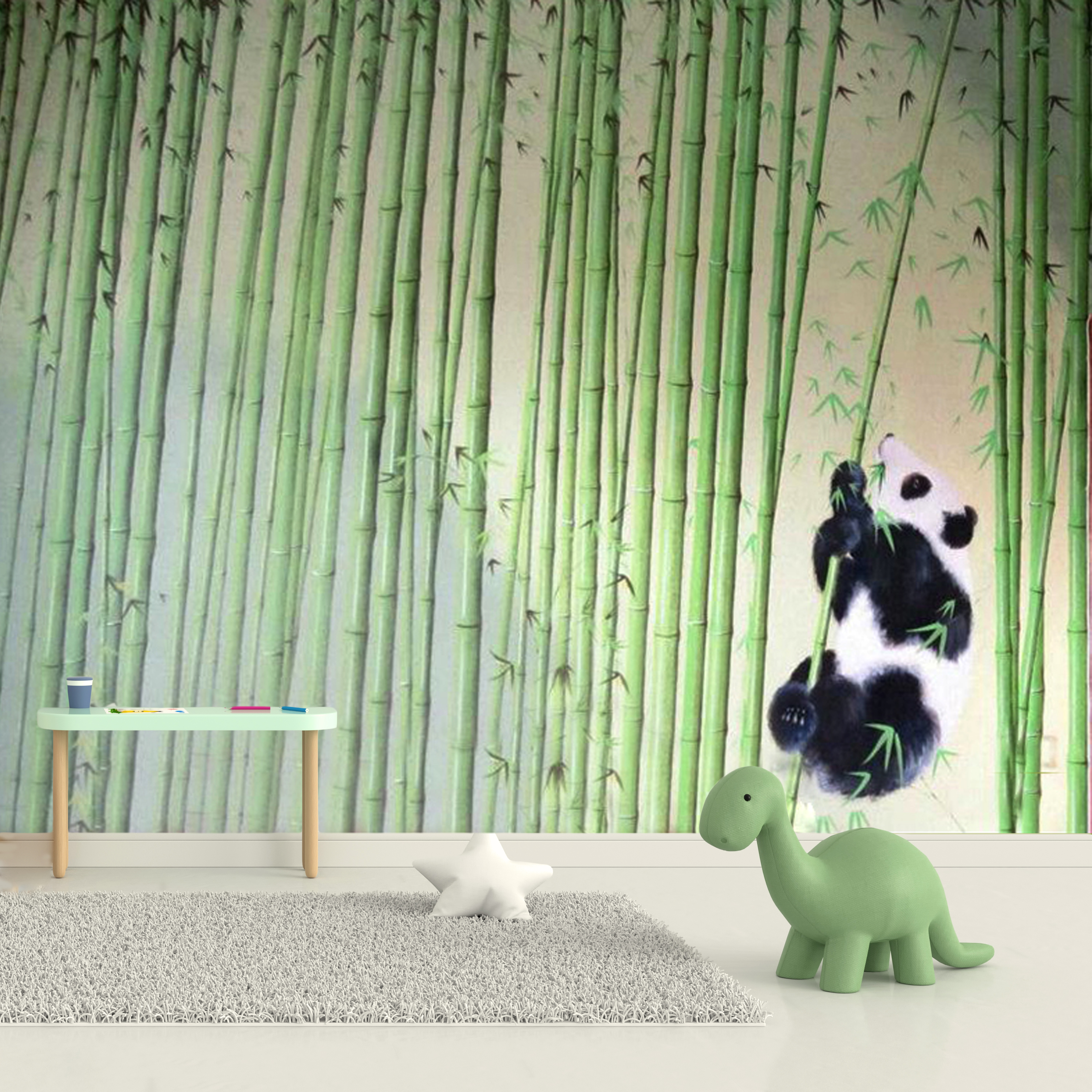 Trompe-l'oeil-foresta-di-Bamboo-con-Panda-Muro-Dipinto-acrilico-Bianco-Verde-Nero-Decorazione-Parete-interni-Cameretta-260x350cm