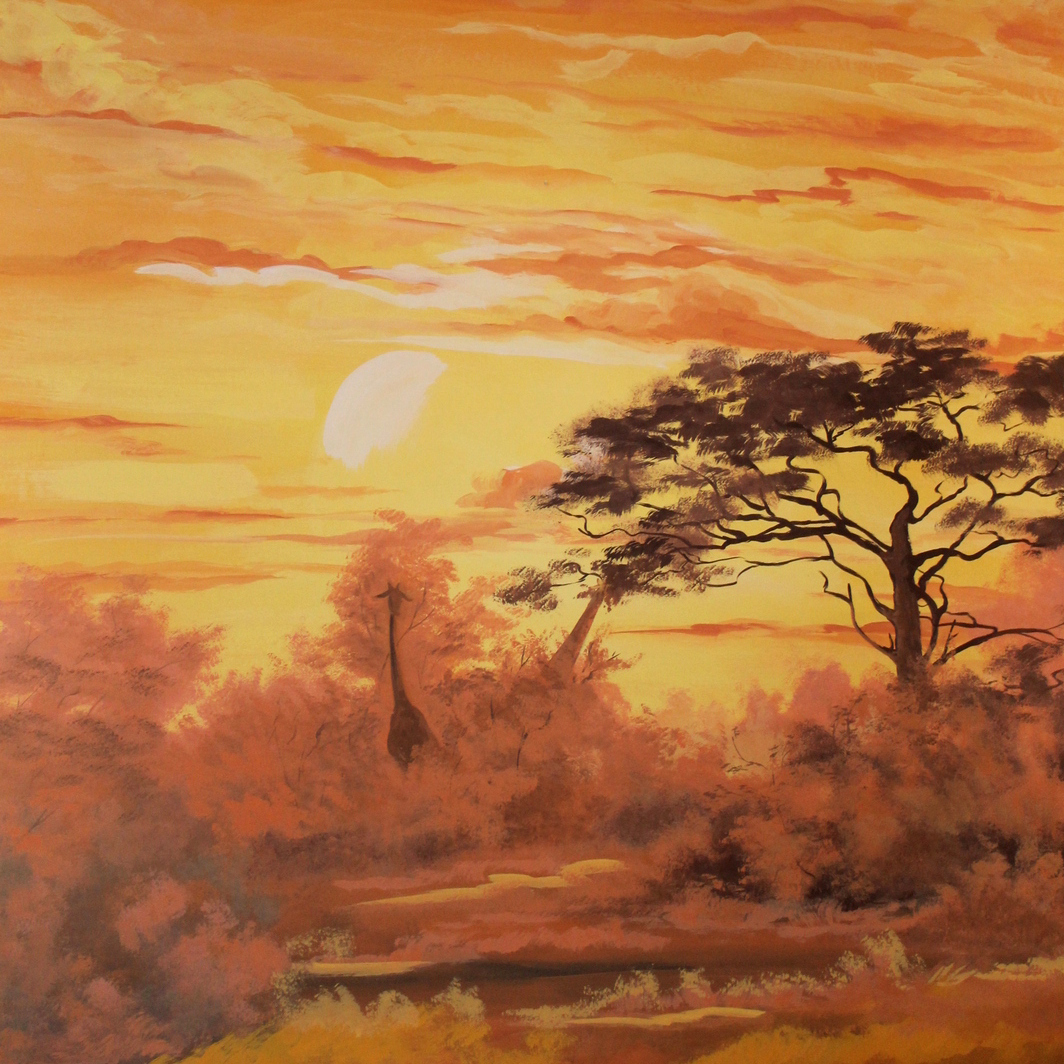 dettaglio-Trompe-l'oeil-Paesaggio-al-Tramonto-con-Giraffe-Dipinto-acrilico-colori-caldi-Decorazione-Parete-350x400cm