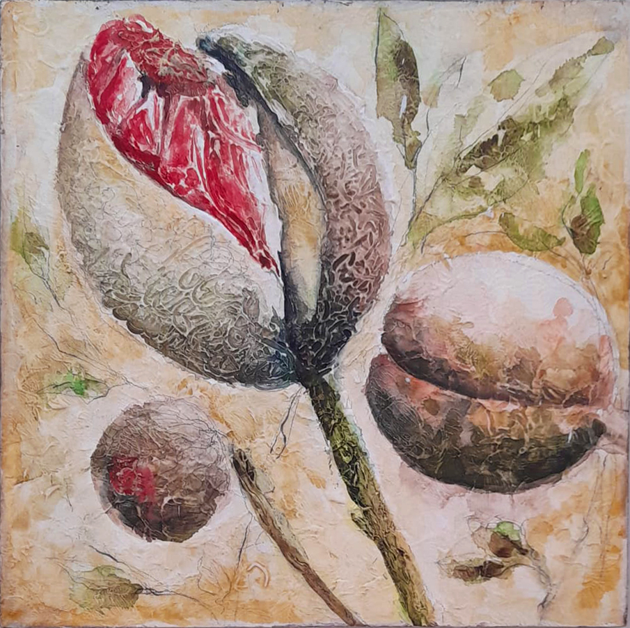 Dipinto-Materico-in-rilievo-Botanica-con-Boccioli-colori-Naturali-40x40cm